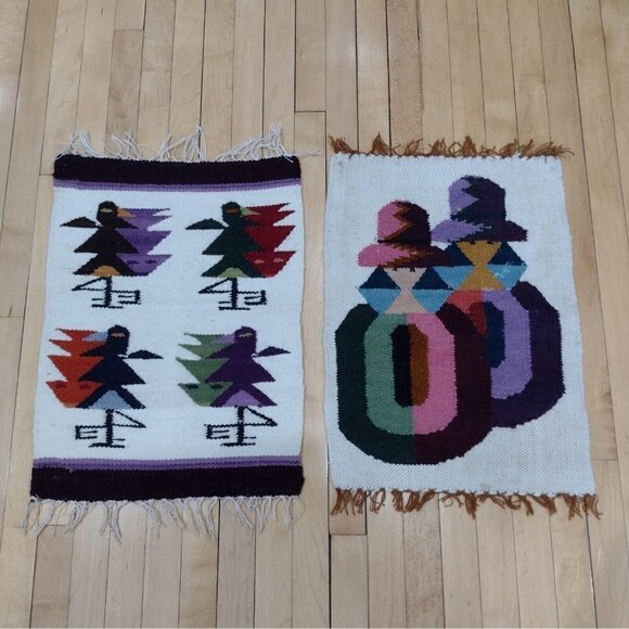 Vtg Set Handmade Peruvian Textile Placemats Wall Hangings Folk Art Girls Birds - Picture 1 of 13